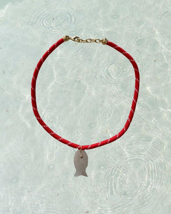 Clear Quartz Fish Pendant Necklace With Red Cord | Handmade Coastal Jewelry