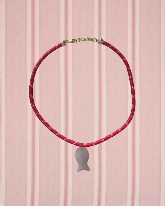 Pink Quartz Fish Pendant Necklace With Red Cord | Handmade Coastal Jewelry