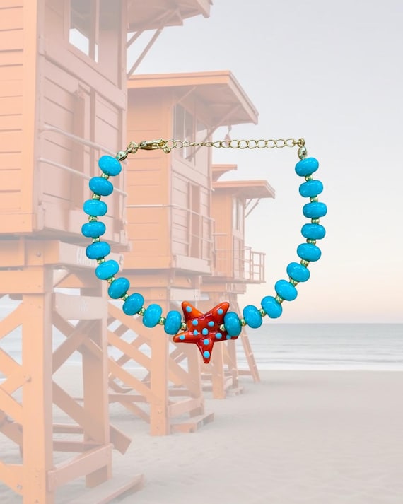 Turquoise & Gold Beaded Bracelet with Starfish | Handmade Coastal Jewelry