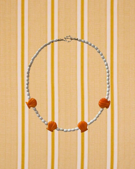 Orange Glass Shell Beaded Necklace | Handmade Coastal Jewelry