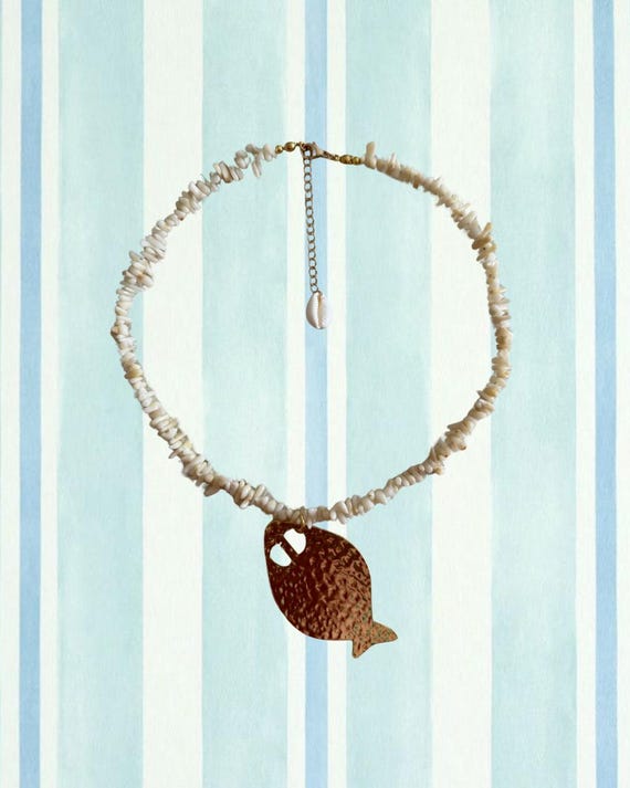 Coastal Fish Charm Necklace | Coral Branch Beaded Strand with Gold Hammered Fish Pendant