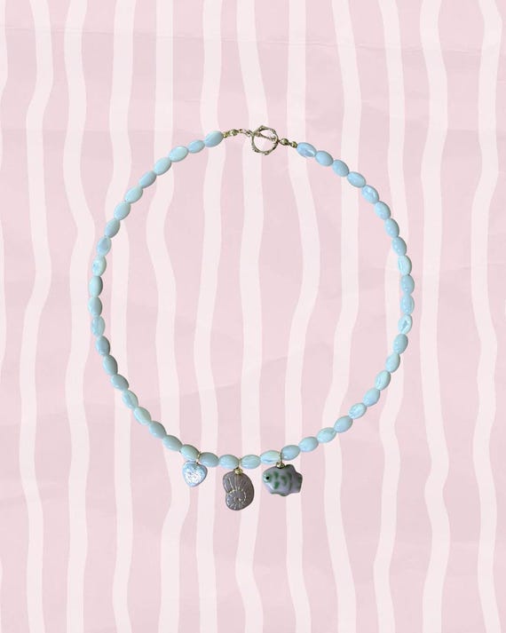 White Beaded Ocean Charm Necklace | Seaside Statement Necklace, Beach Jewelry Gift