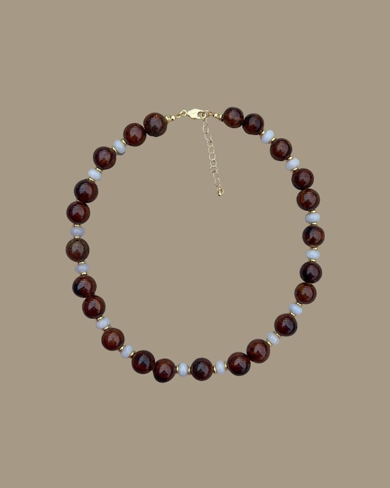 Brown, Blue & Gold Beaded Necklace | Handmade Coastal Jewelry
