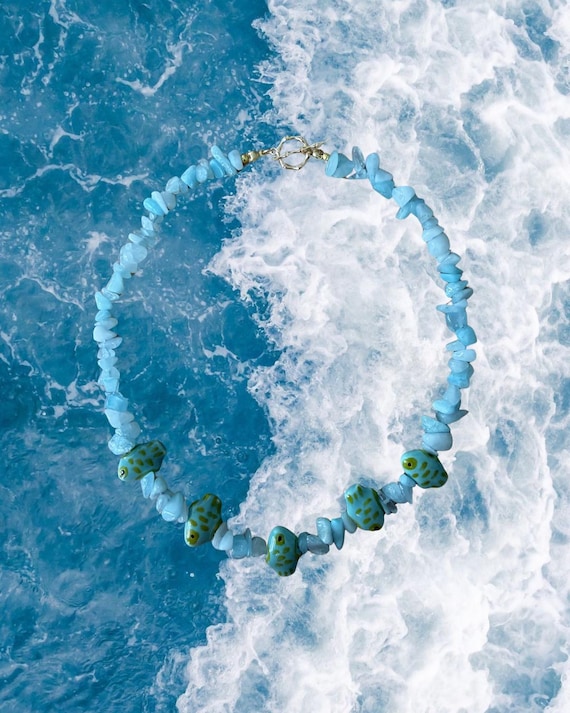 Coastal Beaded Blue Gemstone Fish Necklace | Ocean Inspired Jewelry