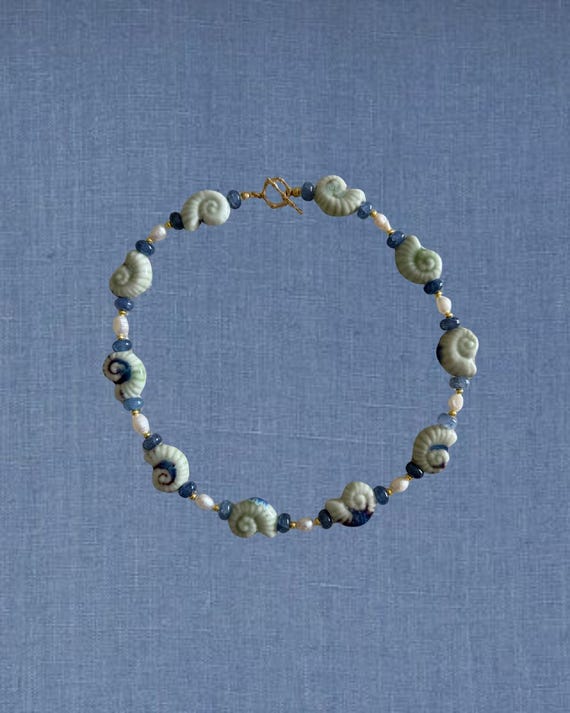 Green Ceramic Snail Shell & Pearl Beaded Necklace | The Seaborne Signature