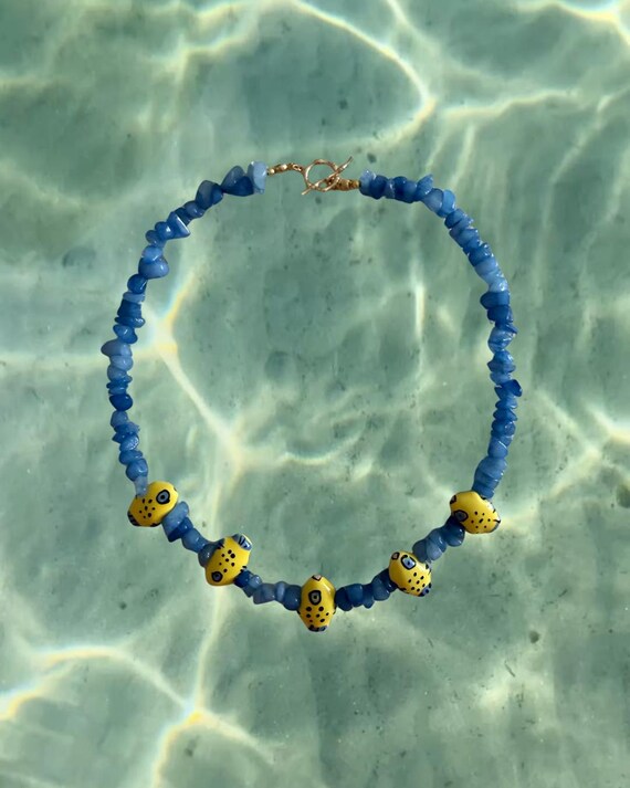 Coastal Beaded Navy Blue Gemstone Fish Necklace | Ocean Inspired Jewelry