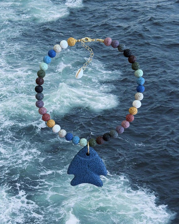 Shifting Ember | Rainbow Lava Stone Navy Fish Pendant Necklace | Coastal Beaded Statement Jewelry