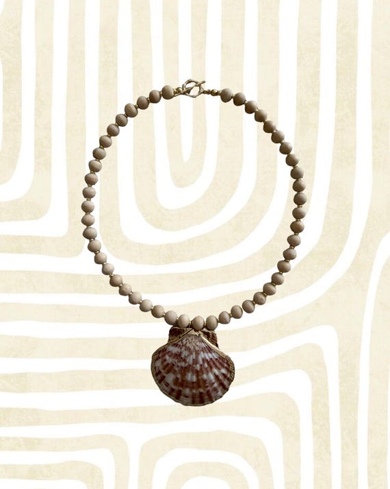 Scallop Shell Statement Necklace | Neutral Wood Beaded Beach Inspired Jewelry