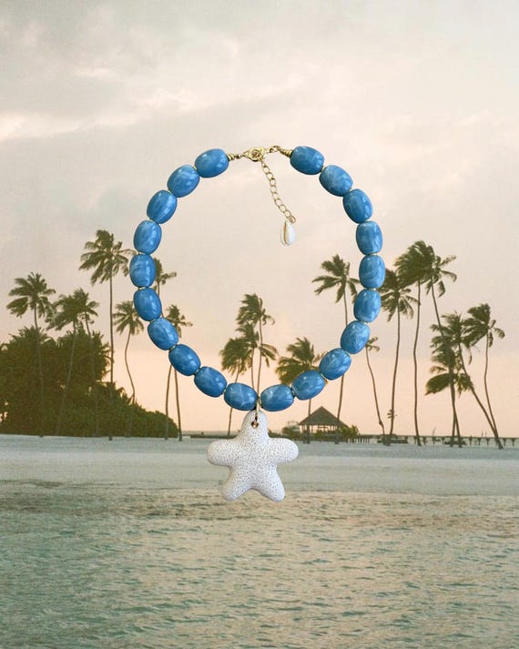 Morning Mist Necklace | Blue Beaded Starfish Pendant Necklace | Coastal Jewelry | Summer Statement Piece | The Dunes Collection