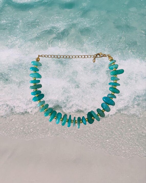 Green Amazonite Pebble & Gold Beaded Bracelet | Handmade Coastal Jewelry