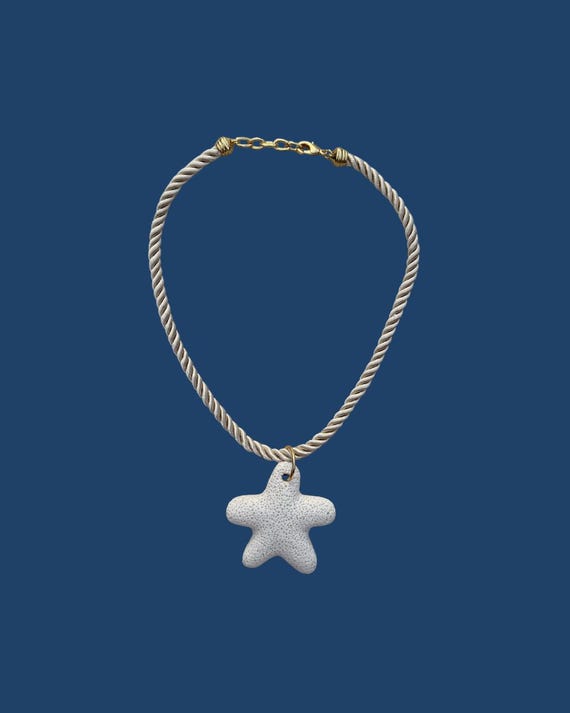 Lava Starfish Pendant Necklace With Cream Braided Silk Rope Cord | Handmade Coastal Jewelry