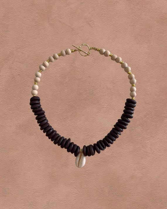 Drift Current – Shell Statement Necklace | The Coastal Heirloom Edit | Brown Ashanti Beads & Natural Wooden Beads