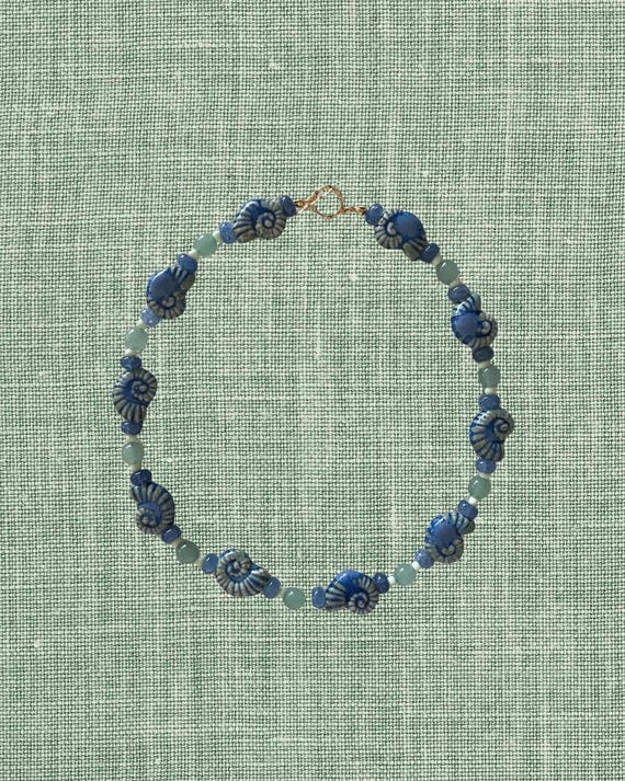 Blue Ceramic Snail Shell Beaded Necklace | The Seaborne Signature