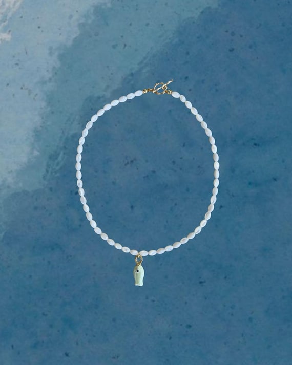 Mother of Pearl Beaded Necklace with Light Green Fish Charm | Handmade Coastal Jewelry