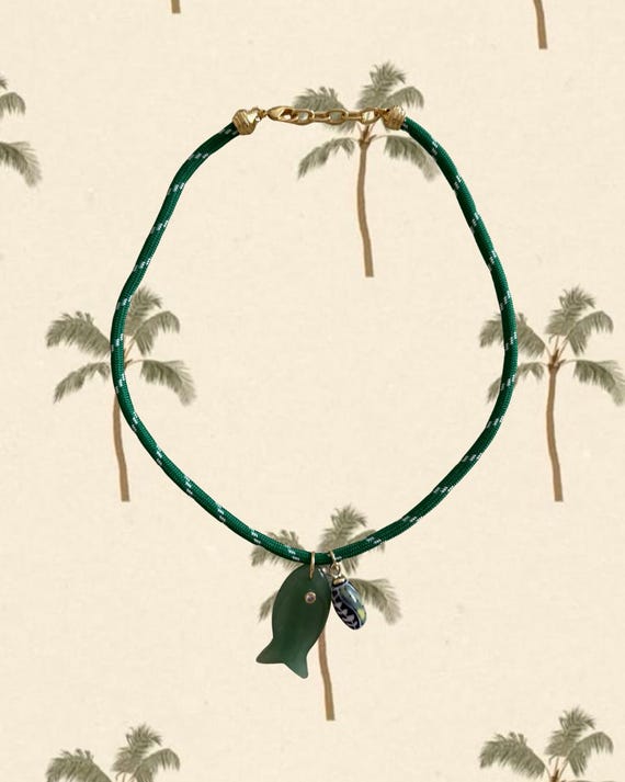 Green Apatite Fish Pendant Necklace With Cream Braided Silk Rope Cord | Handmade Coastal Jewelry