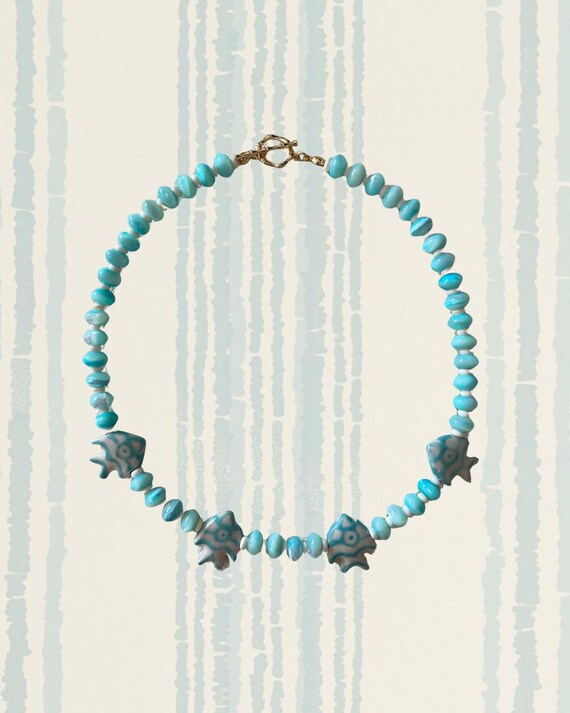 Blue & White Beaded Fish Necklace | Handmade Coastal Jewelry