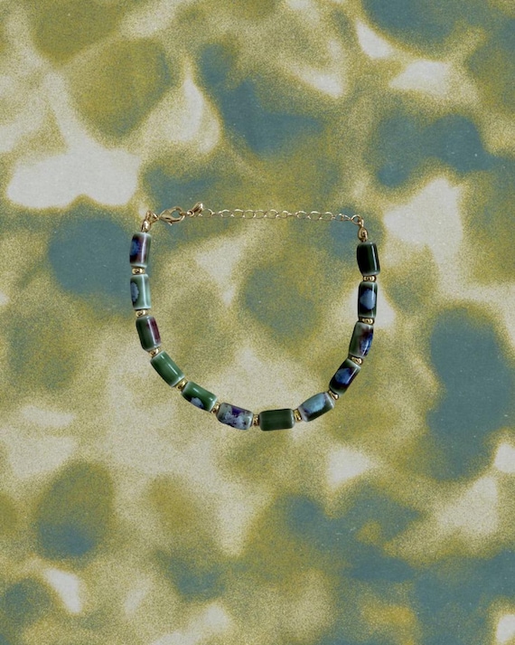 Ceramic Green, Blue & Gold Beaded Bracelet  | Handmade Coastal Jewelry