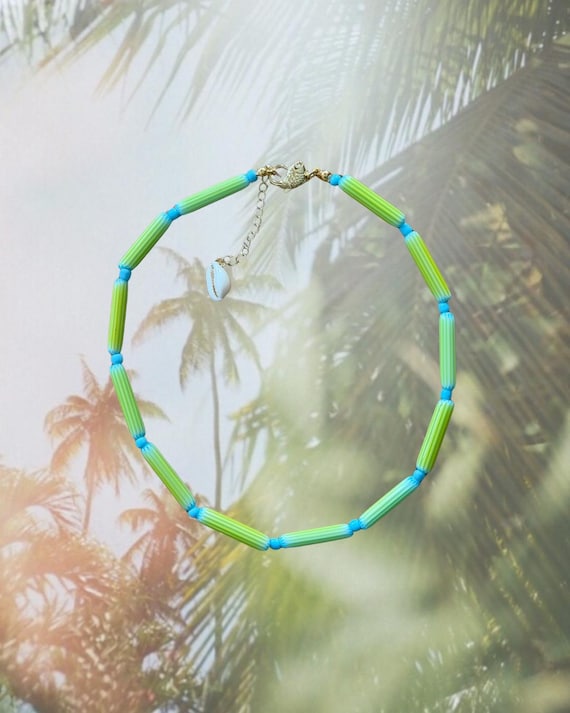 Green & Blue Tube Bead Necklace | 24k Gold Filled Koi Fish Clasp | Coastal Layering Necklace