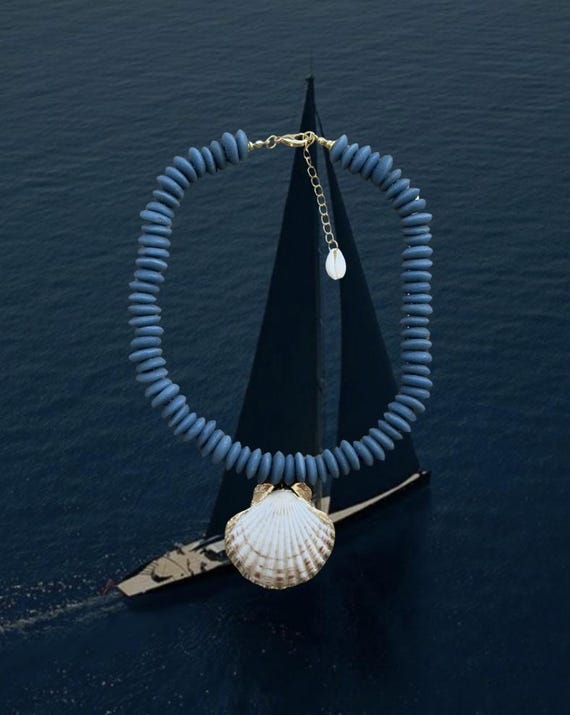 Navy Blue African Fair Trade Glass Bead Necklace with Scallop Shell | Coastal Statement jewelry