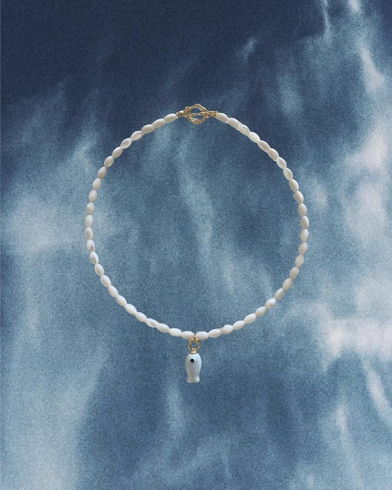 Mother of Pearl Beaded Necklace with Light Blue Fish Charm | Handmade Coastal Jewelry