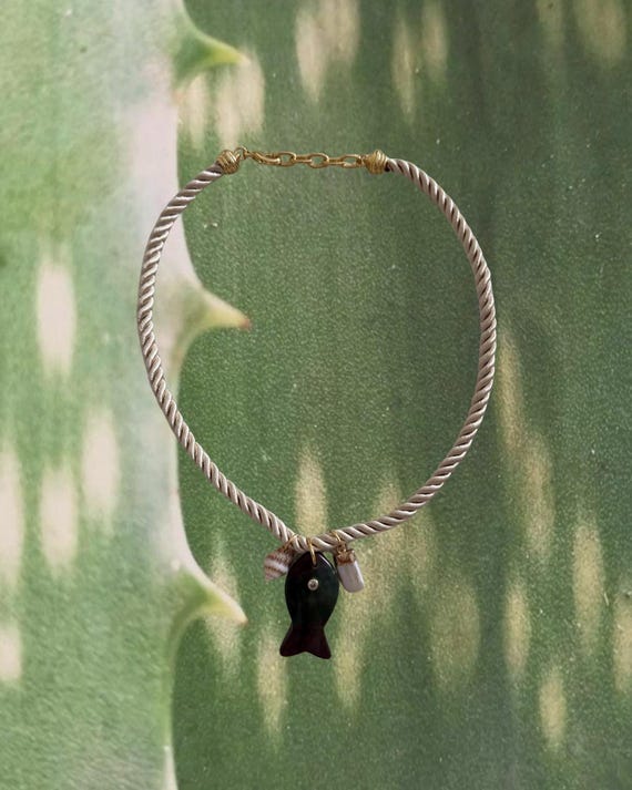 Green Apatite Fish Pendant Necklace With Cream Braided Silk Rope Cord | Handmade Coastal Jewelry