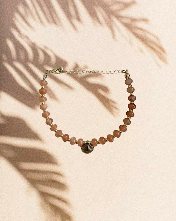 Gold & Orange Beaded Bracelet with Clam Shell | Handmade Coastal Jewelry