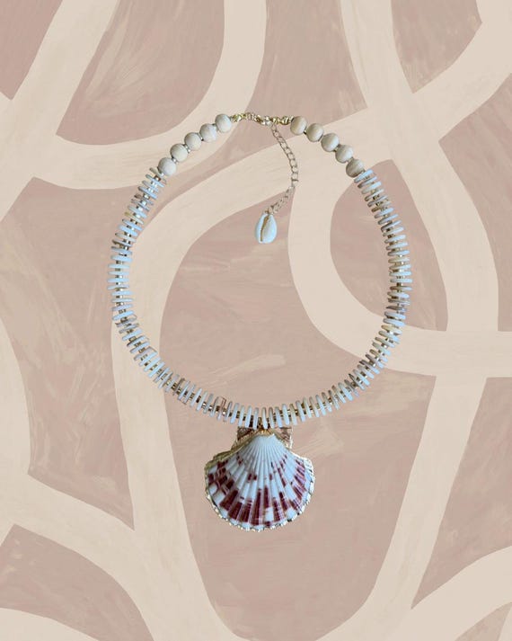 Scallop Shell Statement Necklace | Neutral Beaded Beach Inspired Jewelry