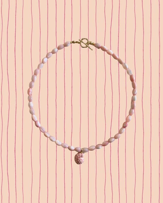 Pink Sea Snail Shell Pendant Beaded Necklace | Handmade Coastal Jewelry