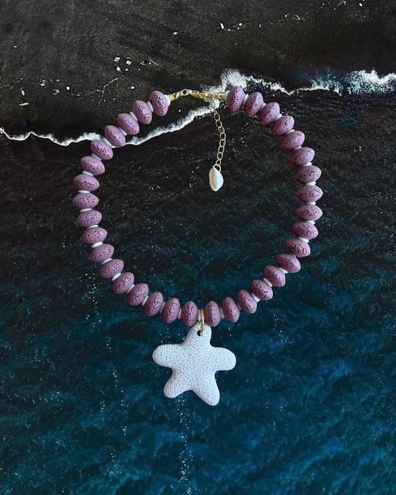 Rose Ember | Blush Lava Stone Beads with Starfish Pendant | Coastal Statement Jewelry