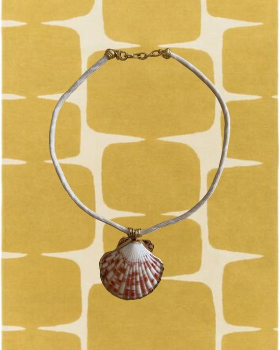 Scallop Shell Pendant Necklace With Beige Cord | Handmade Coastal Jewelry
