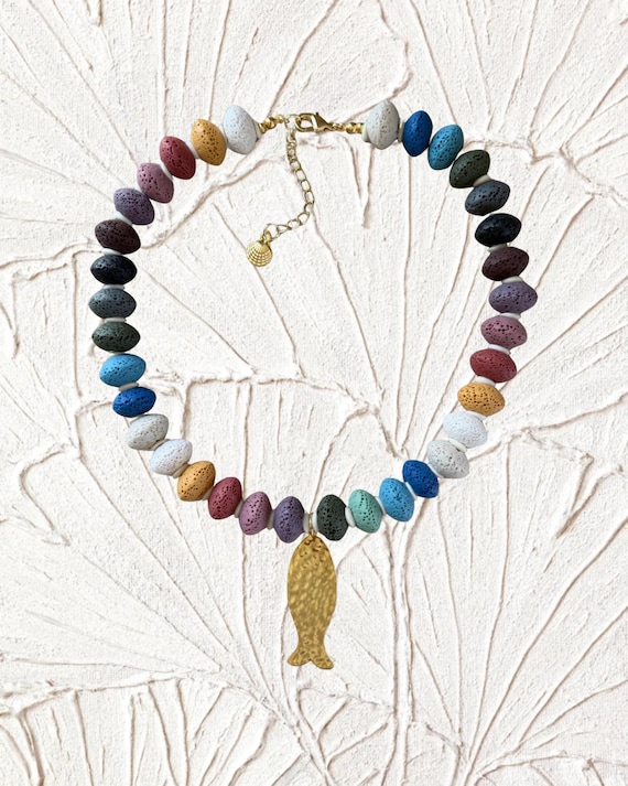 Colorful Coastal Fish Charm Necklace | Rainbow Lava Stone Beads with Gold Hammered Fish Pendant