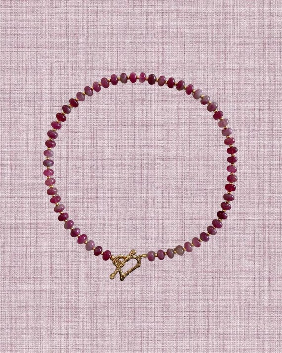 Pink Tourmaline Beaded Necklace with Heart Toggle Clasp | Handmade Coastal Jewelry