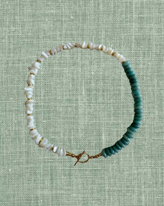 Amazonite & Mother of Pearl Necklace | 24k Gold Filled Toggle | Coastal Shell Beaded Necklace