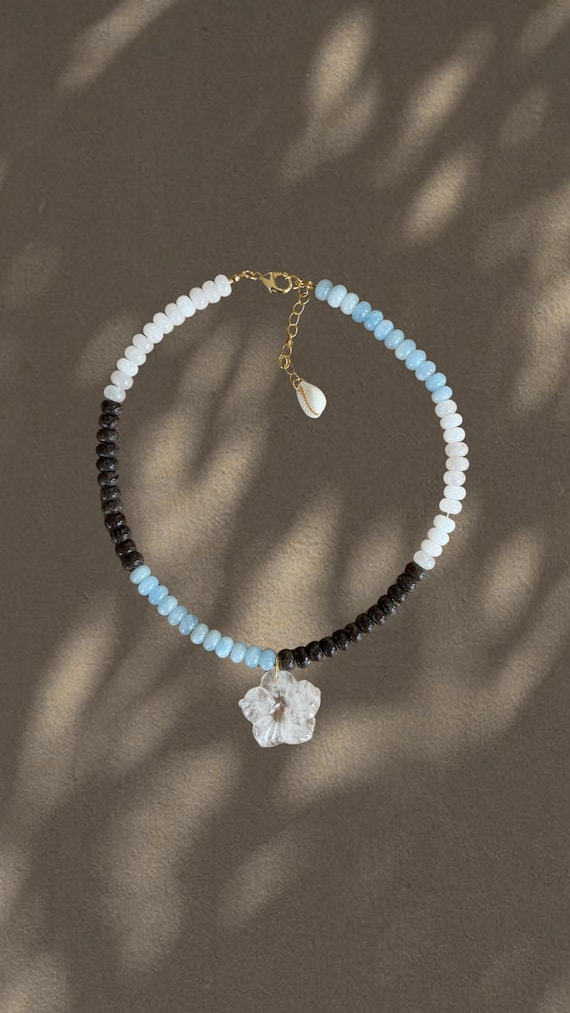 Island Time | White, Blue & Brown Beaded Clear Quartz Hibiscus Necklace | Coastal Statement Jewelry | The Local Edit