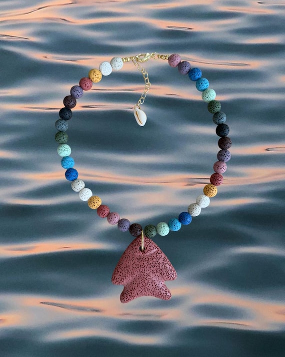 Shifting Ember | Rainbow Lava Stone Terracotta Fish Pendant Necklace | Coastal Beaded Statement Jewelry