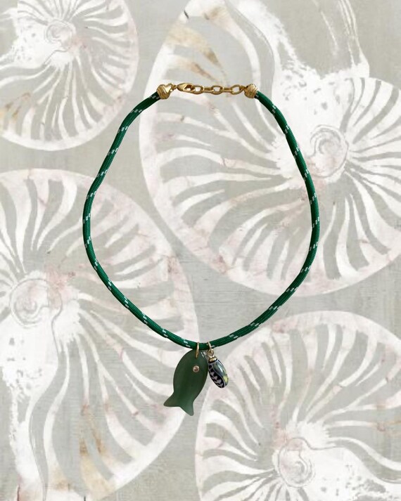 Aventurine Fish Pendant Necklace With Green Cord | Handmade Coastal Jewelry