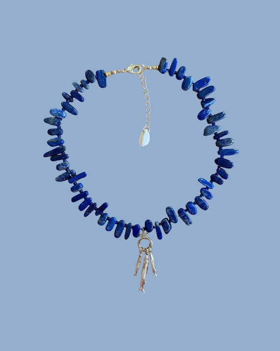 Fisherman’s Current Necklace | Lapis Chip Nugget Necklace | Gold Fish Charm | Coastal Handmade Jewelry