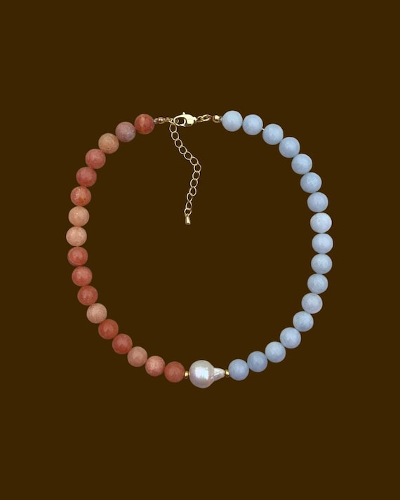 Peach Calcite, Aquamarine & Fresh Water Pearl Necklace | Handmade Coastal Jewelry
