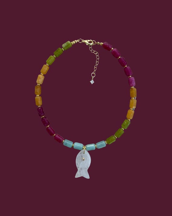 Multicolor Jade Barrel Bead Necklace | Clear Quartz Fish Pendant | Coastal Italian Summer Style