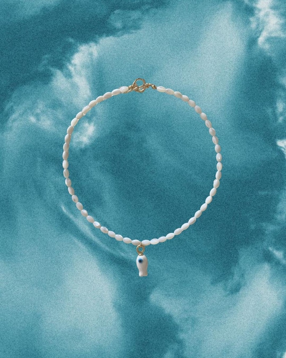 Mother of Pearl Beaded Necklace with White Fish Charm | Handmade Coastal Jewelry