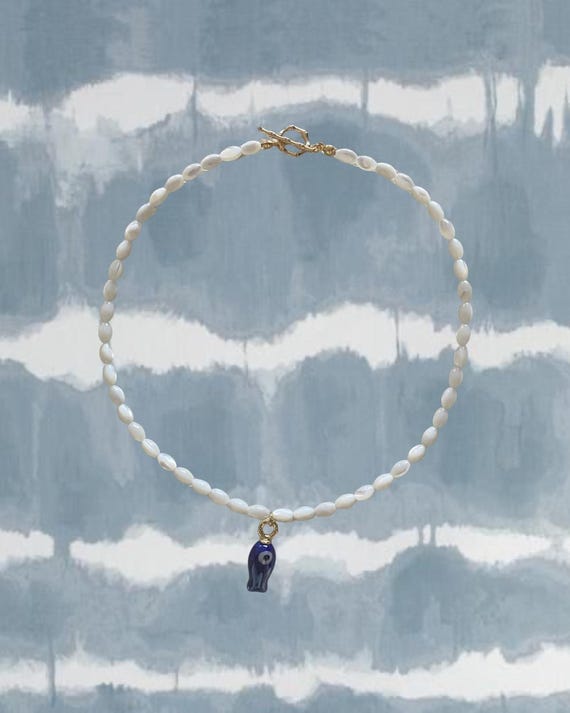 Mother of Pearl Beaded Necklace with Navy Fish Charm | Handmade Coastal Jewelry