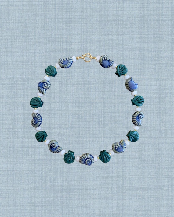 Blue & Green Ceramic Snail Shell Beaded Necklace | The Seaborne Signature