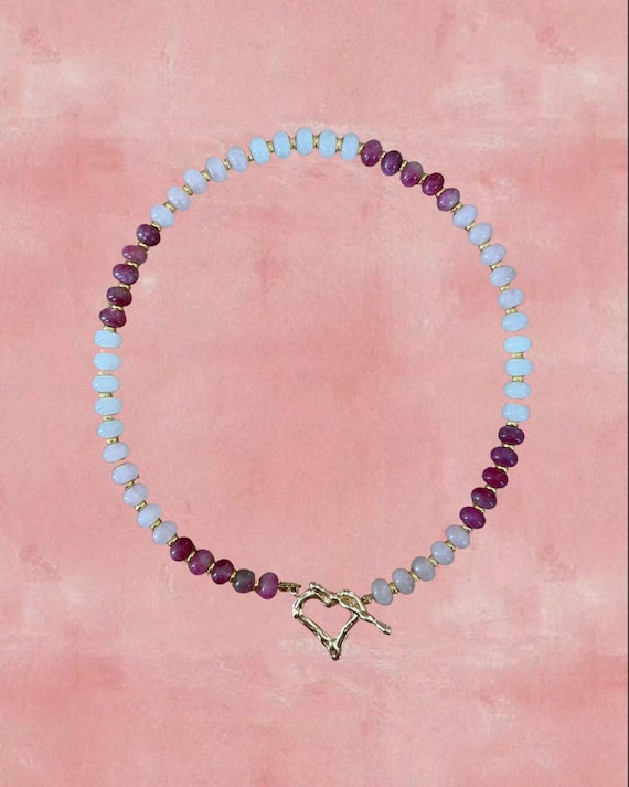 Pink, White & Gold Beaded Necklace with Heart Toggle Clasp | Handmade Coastal Jewelry