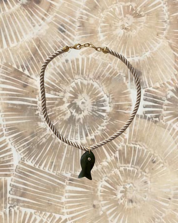 Green Apatite Fish Pendant Necklace With Cream Braided Silk Rope Cord | Handmade Coastal Jewelry