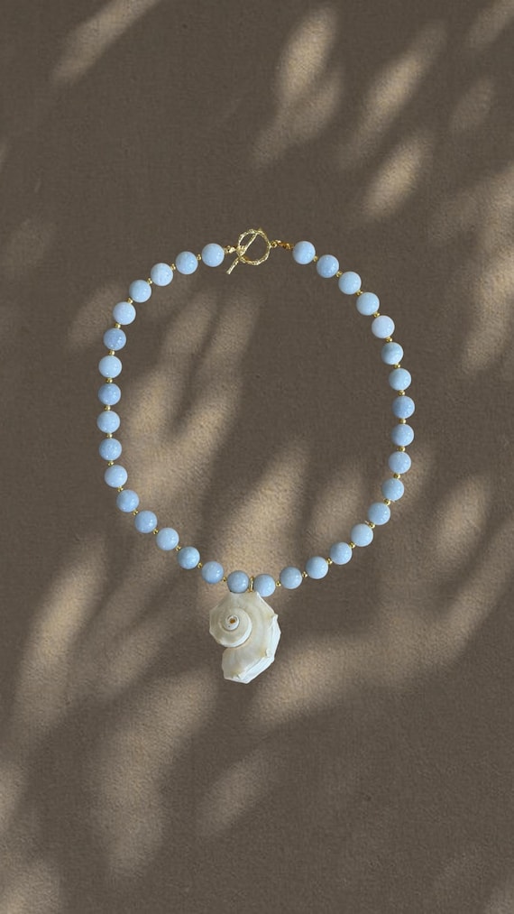 The Regular | Aquamarine Blue Beaded Shell Necklace | Coastal Statement Jewelry | The Local Edit