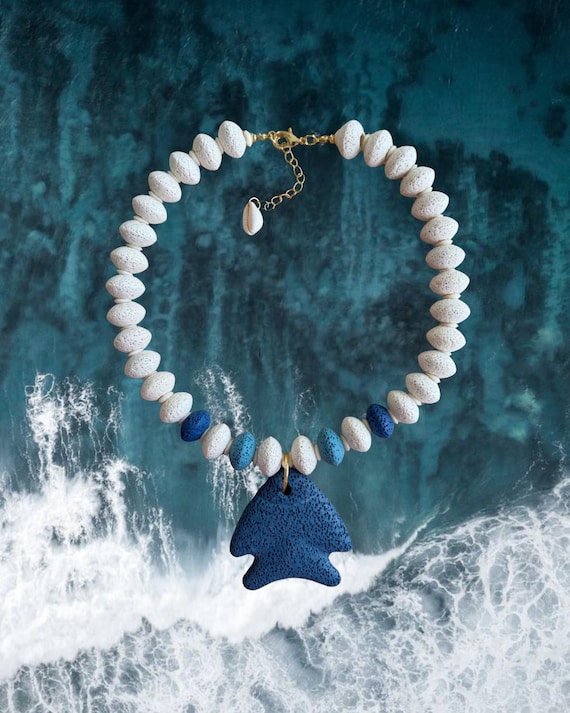 Tidal Ash | White & Blue Lava Stone Beads with Fish Pendant | Coastal Statement Jewelry