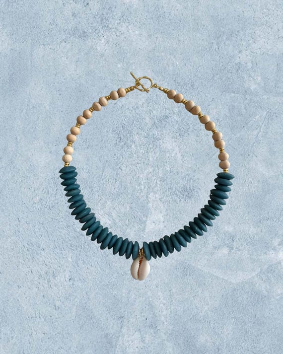 Teal Tide – Shell Statement Necklace | The Coastal Heirloom Edit | Blue African Fair Trade Glass Beads