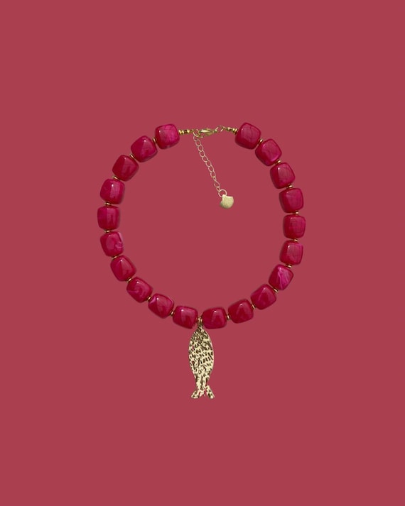 Pink & Gold Chunky Hammered Fish Necklace | Handmade Coastal Jewelry