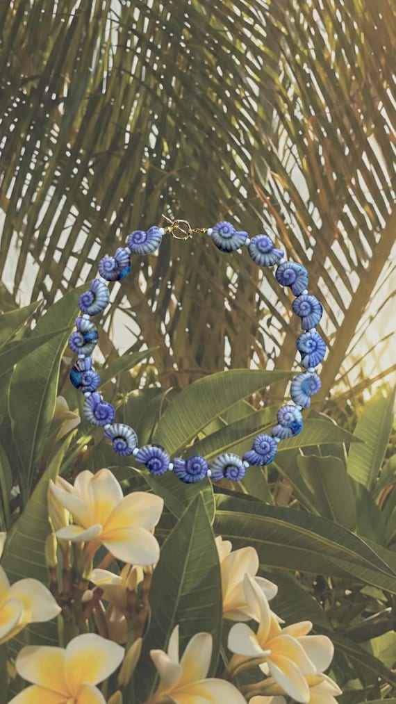 Hanalei Necklace | Purple Ceramic Sail Shell Necklace, Beaded Seashell Choker, Coastal Statement Jewelry | Lei'd Back Collection