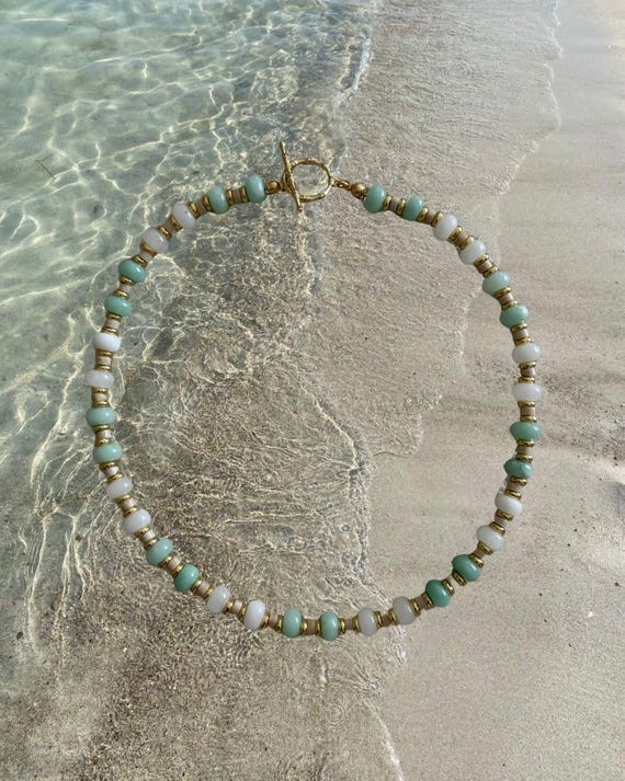 Seafoam, White & Gold Beaded Strand Necklace